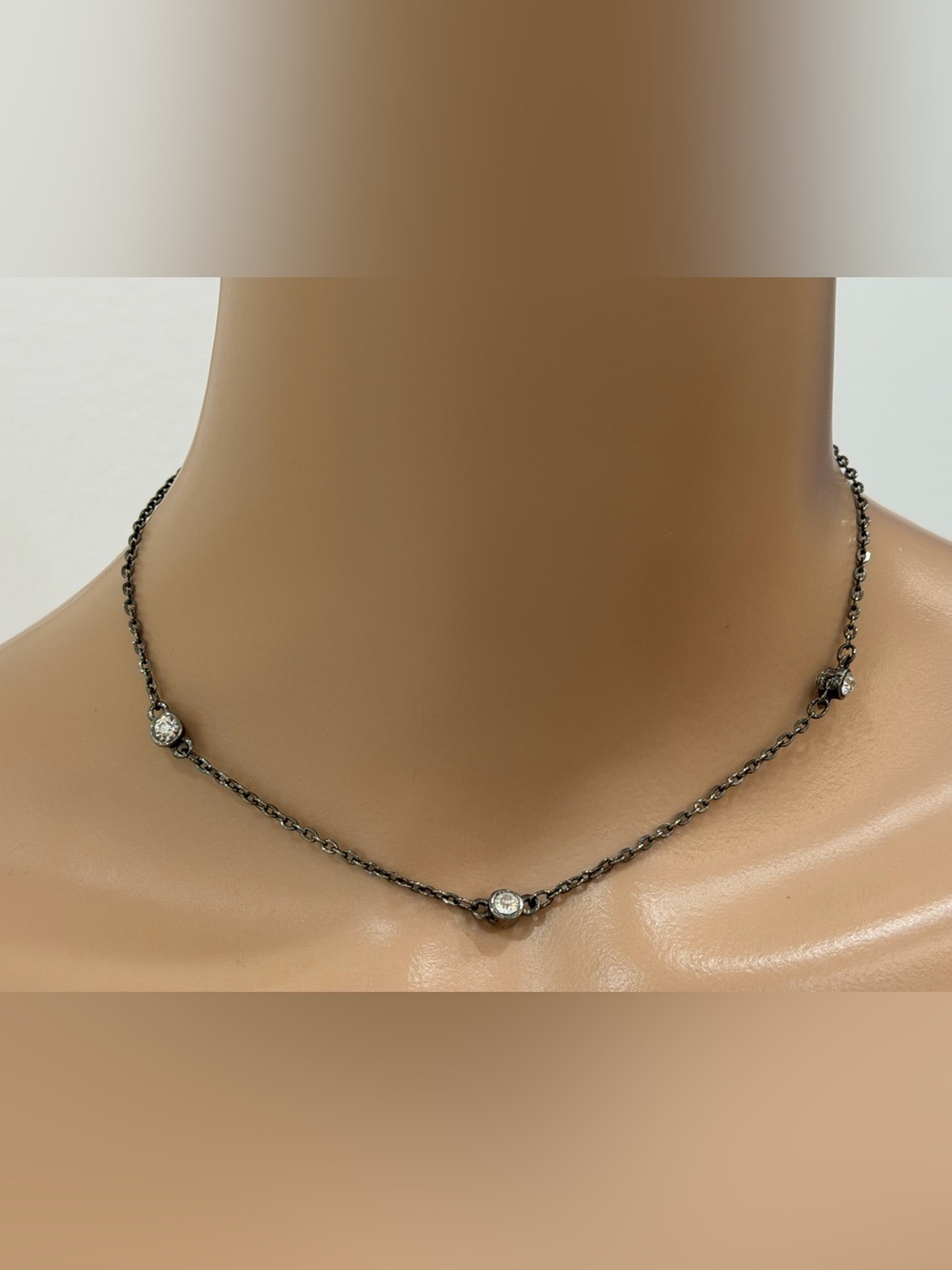 Dainty Antique Silvertone w/Bezel Double-Sided Crystal Station Necklace, Minimal